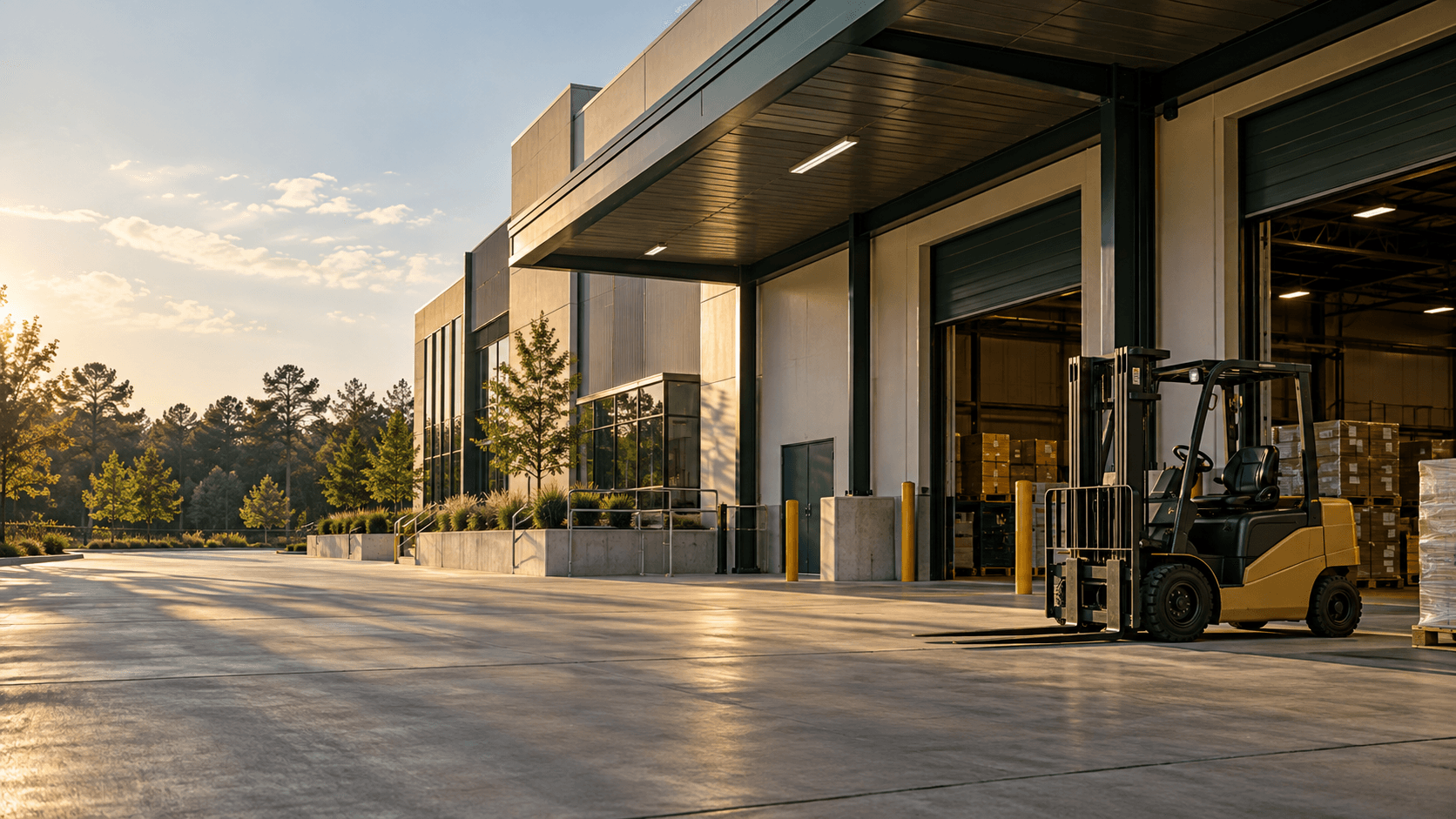 Illustrative warehouse and parked forklift in warm afternoon light